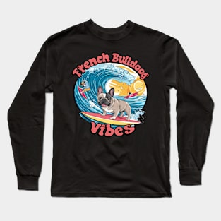 French Bulldog Surfing Tropical Wave Long Sleeve T-Shirt